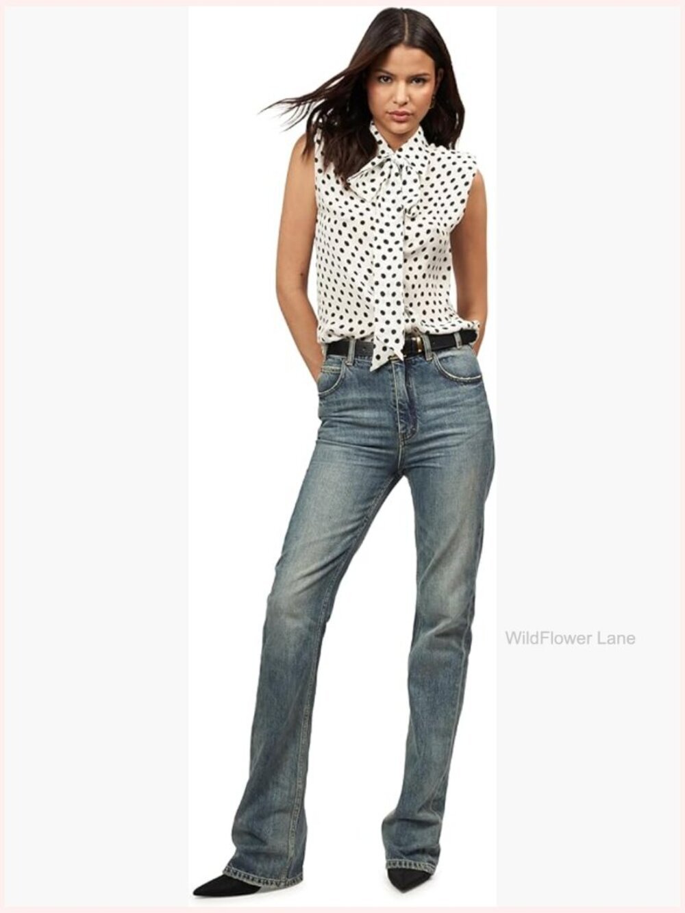 Silk Cap Sleeve Polka Dot Blouse with Tie Neck